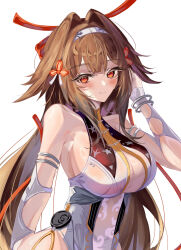  animal_ear_fluff animal_ears armlet bare_shoulders blush bracelet breasts brown_hair chinese_clothes closed_mouth clover clover_hair_ornament commentary dress droopy_ears female hair_ornament hairband hand_up highres iyo_(kgjc8574) jewelry large_breasts long_hair metal_bracelet qipao red_eyes sideboob silver_armlet silver_bracelet simple_background smile solo untranslatable_commentary upper_body very_long_hair white_background white_dress white_hairband ye_shunguang zenless_zone_zero 