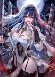  absurdres black_bridal_gauntlets black_garter_straps black_thighhighs blue_hair blush breasts bridal_gauntlets cenangam character_request commentary_request copyright_request female full_moon garter_straps hands_up highres korean_commentary large_breasts long_hair long_sleeves looking_at_viewer mole mole_under_eye moon night open_mouth outdoors red_eyes solo standing teeth thighhighs tongue tongue_out v 