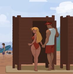  2boys 2girls amugea ass barefoot beach blonde_hair breasts changing_room cloud dark-skinned_female dark_skin day half-closed_eyes highleg highleg_one-piece_swimsuit highres holding holding_hands holding_surfboard large_breasts lifeguard_(lilo_&amp;_stitch) lilo_&amp;_stitch long_hair looking_at_another multiple_boys multiple_girls muscular muscular_male one-piece_swimsuit outdoors red_one-piece_swimsuit red_visor_cap sky standing straight surfboard sweat swimsuit visor_cap walking wide_hips 