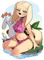  absurd_res anthro biped blush brandy_and_mr._whiskers brandy_harrington breasts canid canine canis clothed clothing disney domestic_dog eyelashes female hi_res lagomorph leporid lightsource mammal mr._whiskers pupils rabbit smile swimwear thick_thighs 