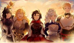  1boy 4girls absurdres animal_ears arm_around_shoulder arm_up armor black_hair blake_belladonna blonde_hair breasts cat_ears cleavage cloak grey_hair highres hiru315 jaune_arc looking_at_viewer multiple_girls ruby_rose rwby scar scar_across_eye scarf smile weiss_schnee yang_xiao_long 