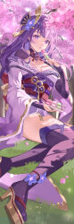  02bear20 absurdres anklet blunt_bangs breasts cleavage commentary dango female flower food full_body genshin_impact grass hair_flower hair_ornament high_heel_sandals high_heels highres holding holding_food holding_plate incredibly_absurdres japanese_clothes jewelry kimono long_hair looking_at_viewer medium_breasts mole mole_under_eye nail_polish obi off_shoulder on_grass on_ground open_mouth plate purple_eyes purple_flower purple_hair purple_kimono purple_nails purple_thighhighs raiden_shogun red_sash sanshoku_dango sash sidelocks sitting solo thighhighs wagashi yokozuwari 