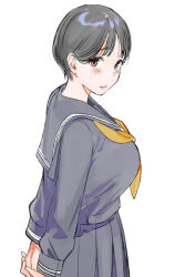  arms_behind_back black_hair black_serafuku blush breasts commentary_request cowboy_shot female from_side large_breasts looking_at_viewer neckerchief original parted_lips pink_eyes sasamori_tomoe school_uniform serafuku short_hair simple_background solo standing white_background yellow_neckerchief 