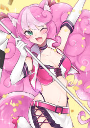  ;d animal_ear_fluff animal_ears arm_up belt black_choker breasts choker cleavage collarbone cowboy_shot cropped_jacket elbow_gloves female flag fluffy_hair gloves green_eyes highres holding holding_flag jacket long_hair looking_at_viewer mikan_tabetai navel one_eye_closed open_mouth outstretched_arm pink_hair pink_tube_top show_by_rock!! skirt smile solo sparkle squirrel_ears squirrel_tail strapless sumomone_(show_by_rock!!) tail tube_top white_gloves white_jacket white_skirt yellow_background 