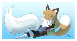  albino anthro averi_(fiddleafox) blue_clothing blue_hoodie blue_topwear bottomwear brown_body brown_fur canid canine closed_eyes clothing digital_media_(artwork) digitigrade dipstick_tail domestic_cat duo felid feline felis female fluffy fluffy_tail fox fur gloves_(marking) gradient_background hair hoodie hug leg_markings lemonybeagle lying lying_on_another male male/female mammal markings multicolored_tail on_front on_lap pawpads paws red_fox robyn_(sentypurr) shorts simple_background sitting sleeveless_shirt tail tail_markings topwear true_fox tuft white_body white_fur 