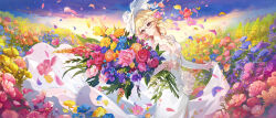  absurdres blonde_hair breasts dress emilie_(genshin_impact) emilie_(guerlain)_(genshin_impact) female flower genshin_impact glasses hat highres official_alternate_costume official_art outdoors petals pink_flower red_flower red_rose rose small_breasts solo white_dress white_hat yellow_flower 