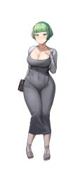  absurdres bag blue_eyes breasts cleavage collarbone commission curvy dress dryseaweed female grey_dress grey_hair handbag highres jewelry large_breasts last_origin long_sleeves looking_at_viewer necklace pixiv_commission ring short_hair solo vanilla_(last_origin) white_background wide_hips 