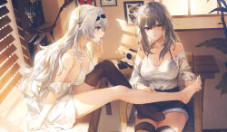  2girls absurdres alternate_costume bare_shoulders barefoot black_shorts black_thighhighs breasts closed_mouth dress feet firefly_(honkai:_star_rail) grey_hair hair_between_eyes highres honkai:_star_rail honkai_(series) indoors legs long_hair long_sleeves looking_at_another multicolored_eyes multiple_girls no_shoes open_mouth shirt shorts single_thighhigh sitting smile stelle_(honkai:_star_rail) swkl:d thighhighs toes trailblazer_(honkai:_star_rail) unworn_legwear white_dress white_shirt yellow_eyes 