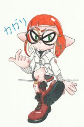  angry animal_humanoid boots bottomwear cephalopod cephalopod_humanoid clothing coleoid colored decapodiform eyewear fan_character female footwear glasses green_eyes hair humanoid inkling inkling_girl japanese_text marine marine_humanoid misshiirin mollusk mollusk_humanoid nintendo orange_hair pseudo_hair red_boots red_clothing red_footwear round_glasses shorts simple_background sitting solo spandex spandex_legwear spandex_shorts splatoon squid squid_humanoid tentacle tentacle_hair text tight_bottomwear tight_clothing tight_shorts traditional_media_(artwork) translated white_background 