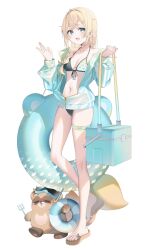  blonde_hair braid female hair_ornament hairpin highres hololive holox jacket kazama_iroha looking_at_viewer open_mouth partially_open_jacket pokobee polearm ryuya swimsuit tanuki trident virtual_youtuber weapon white_background 