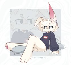  anthro bottomless carbanogg clothed clothing ear_piercing ear_ring fur grey_eyes hi_res lagomorph leporid male mammal pawpads piercing pillow rabbit ring_piercing sitting solo sweater sweater_only topwear topwear_only white_body white_fur 