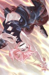  absurdres ahoge backflip bandaged_arm bandages boots clothes_around_waist clothing_cutout commentary_request crop_top female fiery_background fire flame_print floating_hair fudou_yukimitsu_(tenka_hyakken) hair_ornament highres knee_boots kuji-in midair mouth_hold navel patchwork_fat. pink_eyes pink_hair sleeveless teeth_hold tenka_hyakken v-shaped_eyebrows weapon_in_mouth 