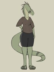  2023 4_toes absurd_res anthro biped bottomwear clothed clothing digital_media_(artwork) dinosaur feet female fingers full-length_portrait green_body half-closed_eyes hi_res looking_at_viewer narrowed_eyes portrait prehistoric_species reptile scalie shirt shorts standing tail toes topwear zagz 