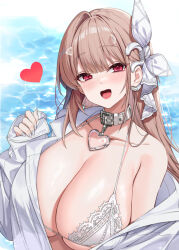  belt_collar bikini blush bow breasts brown_hair chinese_commentary collar collarbone commentary_request diffraction_spikes dress_shirt female fingernails goddess_of_victory:_nikke grey_collar hairbow halterneck hand_up heart heart_collar highres horns huge_breasts long_fingernails long_hair long_sleeves looking_at_viewer nail_polish off_shoulder official_alternate_costume open_clothes open_mouth open_shirt pink_eyes shiny_skin shirt single_hair_intake sleeves_past_wrists smile solo swimsuit tongue viper_(nikke) viper_(shine_of_love)_(nikke) water white_bikini white_bow white_nails white_shirt yuxian_youka 