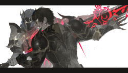  2boys absurdres adventurer_(ff14) armor black_armor clawed_gauntlets dark_knight_(final_fantasy) final_fantasy final_fantasy_xiv fray_myste glowing glowing_eyes glowing_weapon greatsword highres holding holding_sword holding_weapon mask multiple_boys open_mouth rokyoyoo shoulder_spikes spikes sword upper_body warrior_of_light_(ff14) weapon 