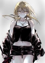  artoria_pendragon_(fate) black_camisole black_jacket black_ribbon black_shorts blonde_hair breasts camisole collarbone excalibur_morgan_(fate) fate/grand_order fate_(series) female hair_ribbon jacket jewelry kino_kokko long_hair long_sleeves looking_at_viewer low_ponytail medium_breasts navel necklace open_clothes open_jacket ribbon saber_alter saber_alter_(ver._shinjuku_1999)_(fate) short_shorts shorts sidelocks solo sword thighs weapon yellow_eyes 