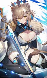  absurdres animal_ear_fluff animal_ears armor asymmetrical_legwear blue_hair breasts brown_eyes brown_hair cleavage cloak commission crown dress female gauntlets greaves hair_ornament hairclip hazumi_aileen highres indie_virtual_youtuber large_breasts lion_ears lion_girl lion_hair_ornament lion_tail looking_at_viewer mole mole_on_breast multicolored_hair namishiron pauldrons short_hair shoulder_armor sitting smile solo star_(symbol) star_hair_ornament sword tail thighhighs virtual_youtuber wariza weapon white_hair 