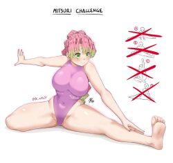  alternate_costume alternate_hairstyle ballerina breasts covered_navel feet female gradient_hair green_eyes green_hair highleg highleg_leotard jk_arts kanroji_mitsuri kimetsu_no_yaiba large_breasts leotard meme multicolored_hair pink_hair pink_leotard simple_background solo stretching twitter_strip_game_(meme) white_background 