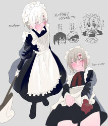  3boys absurdres allen_walker alternate_costume apron black_dress black_pantyhose blush chibi closed_mouth clothes_lift commentary_request crossdressing d.gray-man dress dress_lift embarrassed enmaided eyelashes eyepatch facial_mark frilled_apron frills from_below full_body grey_background grey_eyes grey_hair hair_between_eyes heart heart_hands highres holding holding_mop juliet_sleeves kanda_yuu lavi long_dress long_hair long_sleeves looking_at_viewer maid maid_headdress male_focus male_maid mop multiple_boys multiple_views otoko_no_ko pantyhose ponytail puffy_sleeves samyu_nase scar short_hair standing sweat translation_request white_apron white_hair 