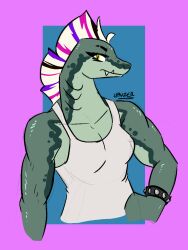  2024 alternative_fashion anthro breasts cleavage clothed clothing eel female fin fish gills greenlinzerd head_fin hi_res lucinda_(greenlinzerd) marine muscular muscular_anthro muscular_female punk shirt signature solo studded_wristband studs tank_top topwear wristband 