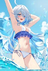  :d absurdres ahoge armpits arms_up bikini blue_eyes blue_hair blue_sky breasts commentary_request drop-shaped_pupils female furina_(genshin_impact) genshin_impact gentilhomme_usher grey_hair hair_between_eyes hat heterochromia highres hizuki_higure light_blue_hair long_hair looking_at_viewer medium_breasts multicolored_hair partially_submerged side-tie_bikini_bottom sky smile solo surintendante_chevalmarin swimsuit symbol-shaped_pupils very_long_hair white_bikini 