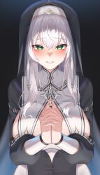  absurdres black_background blush breasts closed_mouth female green_eyes grey_hair habit highres hololive large_breasts long_hair nun own_hands_clasped own_hands_together parted_lips pendora1022 revealing_clothes shirogane_noel shirogane_noel_(7th_costume) smile solo teeth virtual_youtuber 