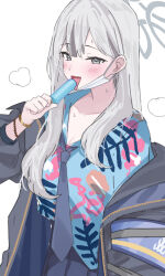  black_jacket black_necktie blue_archive blue_shirt blush bracelet breasts cleavage collarbone female food grey_hair grey_halo halo highres holding holding_food holding_popsicle jacket jewelry konoka_(blue_archive) licking long_hair looking_at_viewer mask mask_pull medium_breasts mouth_mask necktie open_clothes open_jacket open_mouth popsicle print_shirt shirt simple_background solo tsumayouji_(tumayog) white_background 