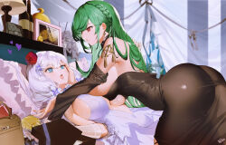  2girls absurdres after_kiss ass azur_lane bare_shoulders blue_eyes box breast_press breasts brown_dress commentary_request cowgirl_position detached_sleeves dress earrings flower from_side gift gift_box gloves green_hair hair_between_eyes hair_flower hair_ornament hand_on_another&#039;s_back hand_on_another&#039;s_cheek hand_on_another&#039;s_face heart highres illustrious_(azur_lane) impossible_clothes impossible_dress indoors italian_flag jewelry lamp large_breasts littorio_(azur_lane) long_hair lying multiple_girls nike_(nike1060) on_back open_mouth parted_lips partially_translated pillow purple_flower red_eyes red_flower saliva saliva_trail shelf sideboob symmetrical_docking translation_request white_dress white_gloves white_hair wide_sleeves yuri 