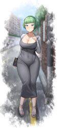  absurdres bag blue_eyes breasts cleavage collarbone commission curvy dress dryseaweed female grey_dress grey_hair handbag highres jewelry large_breasts last_origin long_sleeves looking_at_viewer necklace outdoors pixiv_commission ring short_hair solo vanilla_(last_origin) wide_hips 