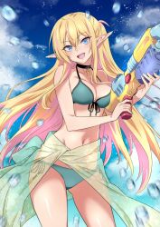  :d aqua_bikini bikini blonde_hair blue_eyes breast_press breasts elf female floating_hair front-tie_bikini_top front-tie_top highres highschool_elf_(nakahira_guy) holding holding_water_gun long_hair long_pointy_ears medium_breasts multicolored_hair nakahira_guy open_mouth original outdoors pink_hair pointy_ears sarong side-tie_bikini_bottom smile solo streaked_hair swimsuit teeth upper_teeth_only very_long_hair water_drop water_gun 