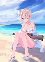  beach bikini blonde_hair blue_eyes blue_hairband blue_sky breasts day drum_magazine female frilled_bikini frills girls&#039;_frontline gun hair_between_eyes hair_bun hair_ornament hairband highres long_hair magazine_(weapon) medium_breasts ocean official_alternate_costume sidelocks single_hair_bun single_side_bun sitting sky snowflake_hair_ornament solo submachine_gun suomi_(girls&#039;_frontline) suomi_(midsummer_pixie)_(girls&#039;_frontline) suomi_kp/-31 swimsuit weapon white_bikini yanagi_(hgkaikai) 