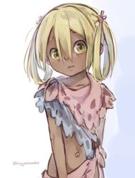  bare_arms blonde_hair closed_mouth collarbone commentary_request female hair_between_eyes hair_rings highres irumyuui kingjoshua long_hair looking_at_viewer made_in_abyss midriff navel o-ring outie_navel solo twitter_username two-tone_background upper_body white_background yellow_eyes 