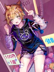  1boy androgynous azulasi bandaged_leg bandages bandaid bandaid_on_cheek bandaid_on_face bandaid_on_leg black_hoodie blonde_hair blue_eyes blue_shorts clenched_hand collarbone crane_game crying crying_with_eyes_open gauze_on_leg glass hair_ornament hairclip heart heart_hair_ornament heart_on_cheek highres hood hood_down hoodie index_finger_raised kagamine_len open_mouth price_tag print_hoodie purple_sleeves short_hair short_ponytail shorts solo sos sparkling_eyes tears vocaloid x_hair_ornament 