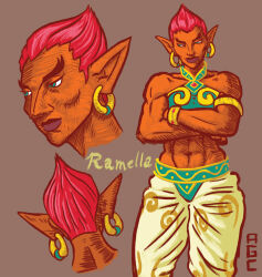  2020 abs adriangcornejo black_eyebrows bottomwear breath_of_the_wild brown_background brown_body brown_skin clothed clothing colored crop_top crossed_arms digital_drawing_(artwork) digital_media_(artwork) ear_piercing ear_ring eyebrows female front_view gerudo gold_ear_ring green_clothing green_crop_top green_eyes green_shirt green_topwear hair half-closed_eyes hi_res humanoid humanoid_pointy_ears lips muscular muscular_female muscular_humanoid narrowed_eyes nintendo pants piercing purple_lips ramella_(tloz) rear_view red_hair ring_piercing shaded shirt short_hair signature simple_background solo standing tears_of_the_kingdom the_legend_of_zelda thick_eyebrows topwear white_bottomwear white_clothing white_pants 