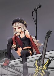  bare_shoulders black_thighhighs blunt_bangs electric_guitar female fire_emblem fire_emblem_heroes grey_hair guitar highres igalimax instrument long_hair microphone_stand red_eyes solo stage thighhighs veronica_(fire_emblem) 