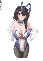  animal_ears black_pantyhose blue_bow blue_bowtie bow bowtie breasts cowboy_shot detached_collar dr.plankton elbow_cuffs elbow_gloves female gloves highres kantai_collection large_breasts leotard long_hair looking_at_viewer meme_attire nontraditional_playboy_bunny pantyhose playboy_bunny rabbit_ears see-through see-through_leotard shigure_(kancolle) side-tie_leotard solo strapless strapless_leotard traditional_bowtie translucent_bunnysuit twitter_username white_background white_gloves 