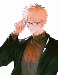  1boy adjusting_eyewear atou_haruki black_jacket blonde_hair blood blood_on_face brown_sweater chinese_commentary closed_mouth commentary_request highres jacket long_sleeves male_focus open_clothes open_jacket rectangular_eyewear red_eyes ribbed_sweater saibou_shinkyoku she_yellowbelly short_hair simple_background solo sweater turtleneck turtleneck_sweater upper_body white_background 