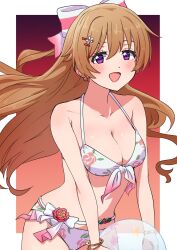  ball bikini blush border bow bracelet breasts cleavage commentary_request earrings female floating_hair floral_print gradient_background hair_ornament hairbow highres holding holding_ball jewelry konoe_kanata long_hair looking_at_viewer love_live! love_live!_nijigasaki_high_school_idol_club medium_breasts open_mouth orange_hair outside_border purple_eyes sidelocks solo standing stomach swimsuit taiyakippassion upper_body white_bikini white_border 