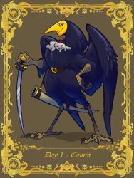  3:4 absurd_res anthro ars_goetia avian avian_feet bangboodoragon belt bird brown_background brown_body brown_claws brown_scales camio_(goetia) claws common_blackbird cravat demon empty_eyes eyelashes feathered_wings feathers featureless_crotch female hand_on_hip hi_res holding_melee_weapon holding_object holding_sword holding_weapon humanoid_face lesser_key_of_solomon melee_weapon oscine passerine pointy_nose purple_body purple_feathers scales simple_background small_waist smile solo sword text thick_thighs thrush_(bird) true_thrush weapon white_eyes wide_hips wings yellow_body 