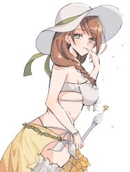  bikini braid breasts brown_hair closed_mouth female finger_to_mouth fire_emblem fire_emblem_engage fire_emblem_heroes from_side goldmary_(fire_emblem) goldmary_(summer)_(fire_emblem) hat long_hair looking_at_viewer oda32t official_alternate_costume pinky_to_mouth sarong single_braid solo swimsuit white_background white_bikini white_hat yellow_eyes 