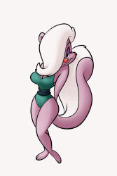  anthro ass barefoot bedroom_eyes big_breasts big_butt bimbette breasts cleavage clothed clothing feet female hair hair_over_eye hands_behind_back hi_res looking_at_viewer mammal mephitid narrowed_eyes seductive skunk smile smiling_at_viewer solo stanmort thick_thighs tiny_toon_adventures toes warner_brothers wide_hips 