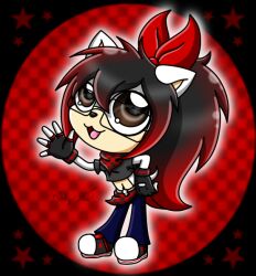  2016 5_fingers accessory anthro bangs belt bent_arm big_eyes black_clothing black_crop_top black_footwear black_hair black_nose black_shirt black_shoes black_topwear blue_bottomwear blue_clothing blue_pants bottomwear bow_ribbon brown_eyes cath_the_hedgehog checkered checkered_background checkered_kerchief checkered_neckerchief chibi clothed clothing colored crop_top digital_drawing_(artwork) digital_media_(artwork) drinkyourvegetable eulipotyphlan eyewear female fingerless_gloves fingers footwear fur gesture glasses gloves hair hair_accessory hair_ribbon hairbow hand_on_hip handwear hedgehog highlights_(coloring) kerchief leaning leaning_forward mammal neckerchief pants pattern_background pattern_kerchief pattern_neckerchief pink_tongue ponytail rectangular_glasses red_bow red_hair ribbons shaded shirt simple_background simple_shading solo standing star tail tan_body tan_inner_ear tan_skin tongue topwear waving waving_at_viewer white_body white_fur white_tail 