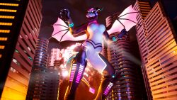  3d_(artwork) absurd_res city city_background city_destruction cityscape cyberdragon cybernetic_leg cybernetic_limb cybernetics digital_media_(artwork) disregard67 dragon explosion hi_res machine macro macro_female mythological_creature mythological_scalie mythology rampage rendered scalie xal_(xalware) 