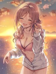  :d ^_^ bikini blush breasts brown_hair cleavage closed_eyes collarbone commentary courreges_ace cowboy_shot dusk gakuen_idolmaster gradient_sky highres himesaki_rinami idolmaster jacket long_hair medium_breasts navel ocean off_shoulder open_mouth outdoors partially_unzipped pink_bikini sky smile sunset swimsuit white_jacket 