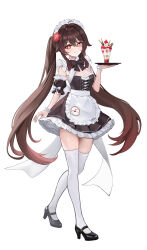  alternate_costume apron black_bow black_bowtie black_footwear boo_tao_(genshin_impact) bow bowtie breasts brown_hair cleavage closed_mouth commentary dress enmaided female flower-shaped_pupils foka_(beginner) food frilled_apron frilled_dress frilled_hairband frills fruit full_body genshin_impact hair_between_eyes hairband highres holding holding_tray hu_tao_(genshin_impact) ice_cream long_hair looking_at_viewer maid maid_headdress mary_janes pocky shoes simple_background solo standing strawberry sundae symbol-shaped_pupils thighhighs tray very_long_hair white_apron white_background white_headdress white_thighhighs zettai_ryouiki 