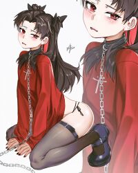  black_collar black_hair black_nails black_thighhighs blush chain_leash chains collar commentary cosplay english_commentary fate/grand_order fate/stay_night fate_(series) female frown full_body highres ishtar_(fate) kneeling leaning_forward leash long_hair looking_at_viewer nail_polish no_pants open_mouth panties parted_bangs red_eyes red_sweater side-tie_panties signature simple_background sleeves_past_wrists sweater thighhighs tohsaka_rin tohsaka_rin_(cosplay) turtleneck turtleneck_sweater two_side_up underwear variant_set waligner wavy_mouth white_background zoom_layer 