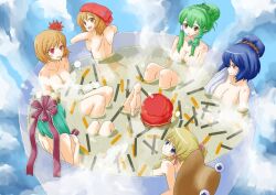  6+girls :d bath bathing blonde_hair blue_eyes bow breasts brown_eyes brown_hair cleavage cloth flower food_request green_hair hairband hairbow hand_on_own_chest hat jack_(wkm74959) kochiya_sanae leaf looking_at_viewer multiple_girls onsen red_eyes red_flower short_hair smile snake touhou wash_cloth water 