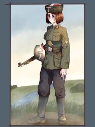  absurdres ammunition_pouch arm_patch belt belt_buckle black_boots black_pants blood blood_on_cheek blue_eyes bob_cut boots breast_pocket breasts brown_hair buckle cigarette combat_helmet ears_visible_through_hair epaulettes explosive female field fluffkaiser fur_hat gaiters grass green_jacket grenade hat helmet helmet_strap highres holding holding_cigarette holding_weapon insignia jacket looking_afar medium_breasts military military_fatigues military_jacket military_uniform mud nazi original pants patch pocket pouch reichsadler river russia russian_flag russian_liberation_army short_hair soldier solo stahlhelm stielhandgranate strap swastika ushanka weapon weapon_request wehrmacht world_war_ii 