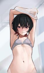  armpits black_hair bra commentary_request female grey_bra groin highres looking_at_viewer navel original out-of-frame_censoring red_hair see-through_clothes see-through_shirt shirt short_hair solo solokitsune underwear undressing upper_body white_shirt 