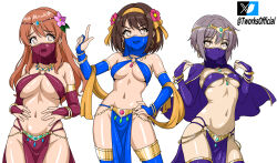  3girls absurdres asahina_mikuru bare_shoulders belly breasts brown_hair cape dancer english_commentary grey_hair hairband highres large_breasts long_hair looking_at_viewer medium_breasts multiple_girls nagato_yuki navel orange_hair pelvic_curtain purple_cape shiny_skin short_hair simple_background skindentation small_breasts standing suzumiya_haruhi suzumiya_haruhi_no_yuuutsu t-works underboob white_background 